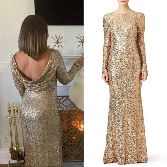 BADGLEY MISCHKA Gold Sequin Long Sleeve Boat Neck Cowl Back Stretch Maxi Gown 8 - Picture 1 of 11